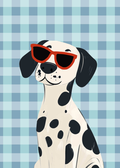 Plakat dalmatyńczyk w czerwonych okularach dla dzieci