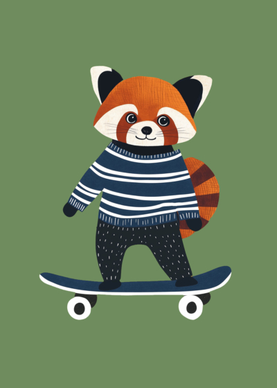 Plakat czerwona panda skater dla dzieci skandynawski