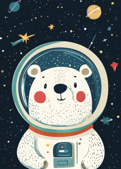 Plakat miś astronauta w kosmosie dla dzieci skandynawski