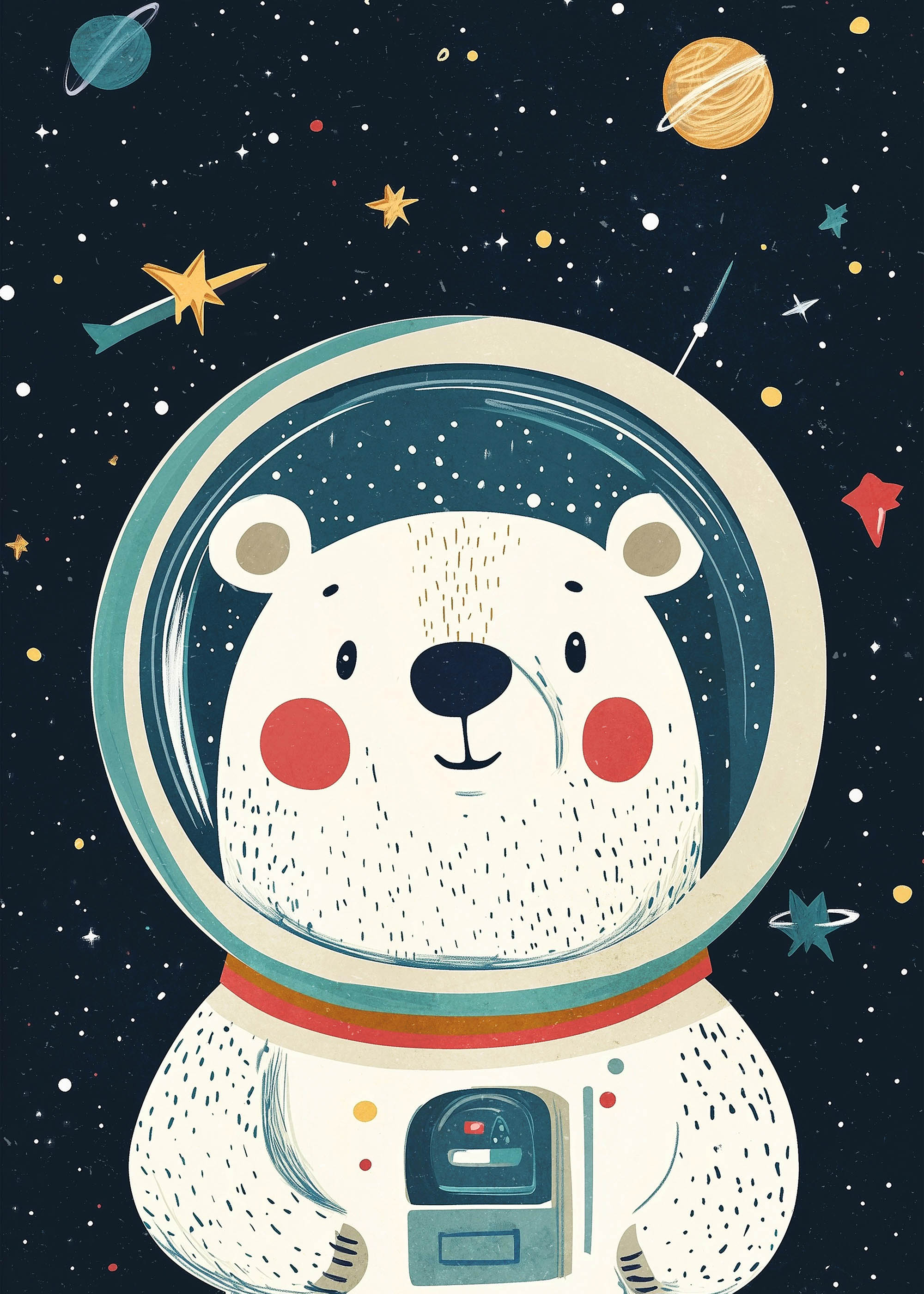 Plakat miś astronauta w kosmosie dla dzieci skandynawski