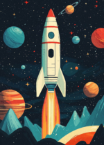 Plakat rakieta retro kosmos dla dzieci vintage space