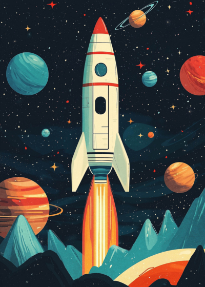 Plakat rakieta retro kosmos dla dzieci vintage space