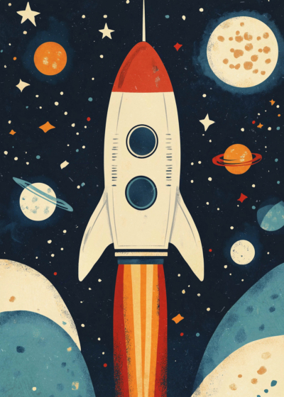 Plakat kosmiczny rakieta planety gwiazdy dla dzieci