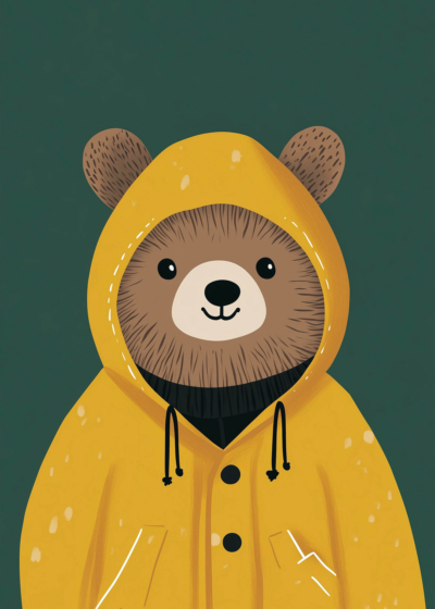 Plakat miś w żółtej kurtce przeciwdeszczowej dla dzieci