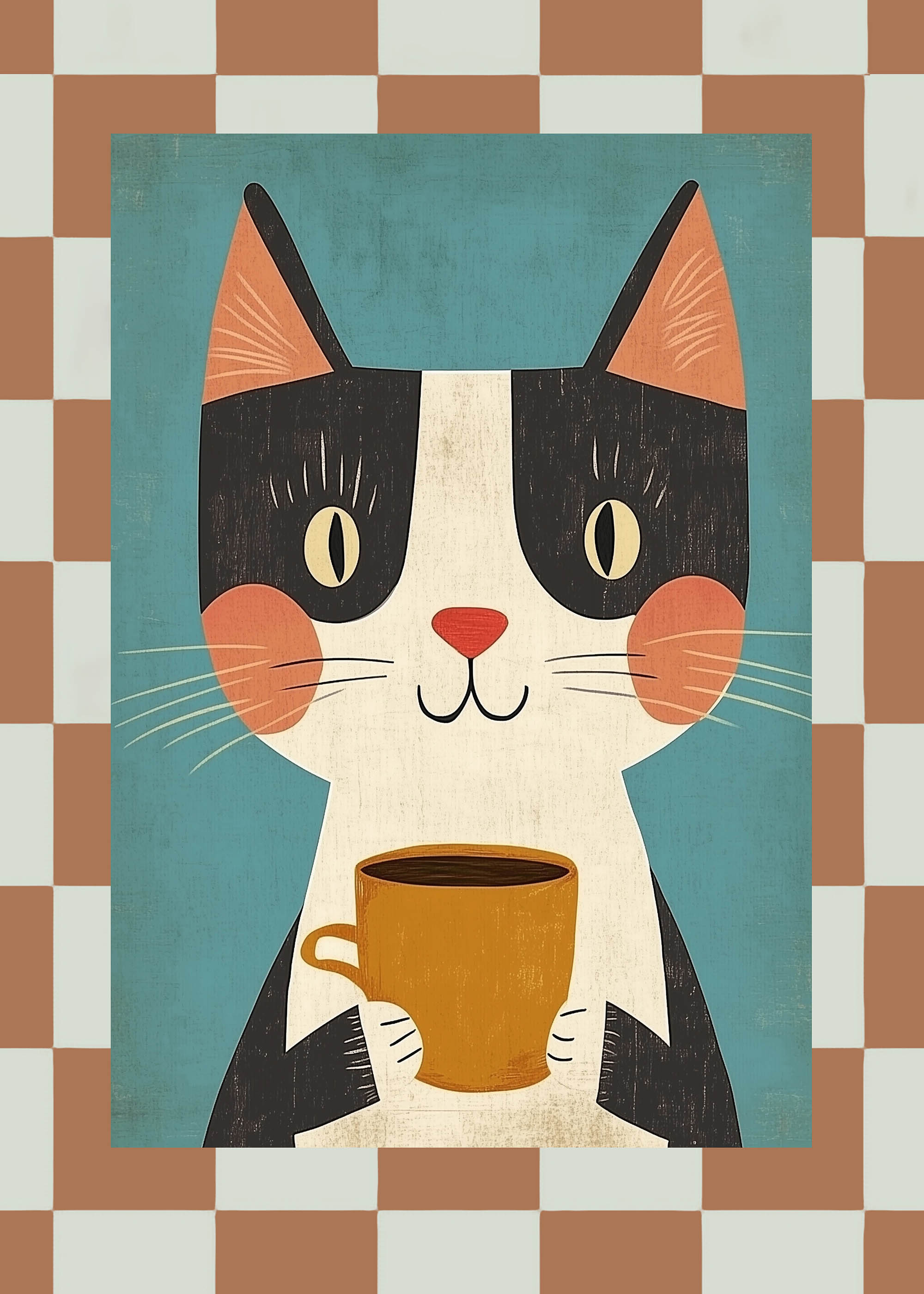 Plakat kot z filiżanką kawy skandynawski styl dziecięcy