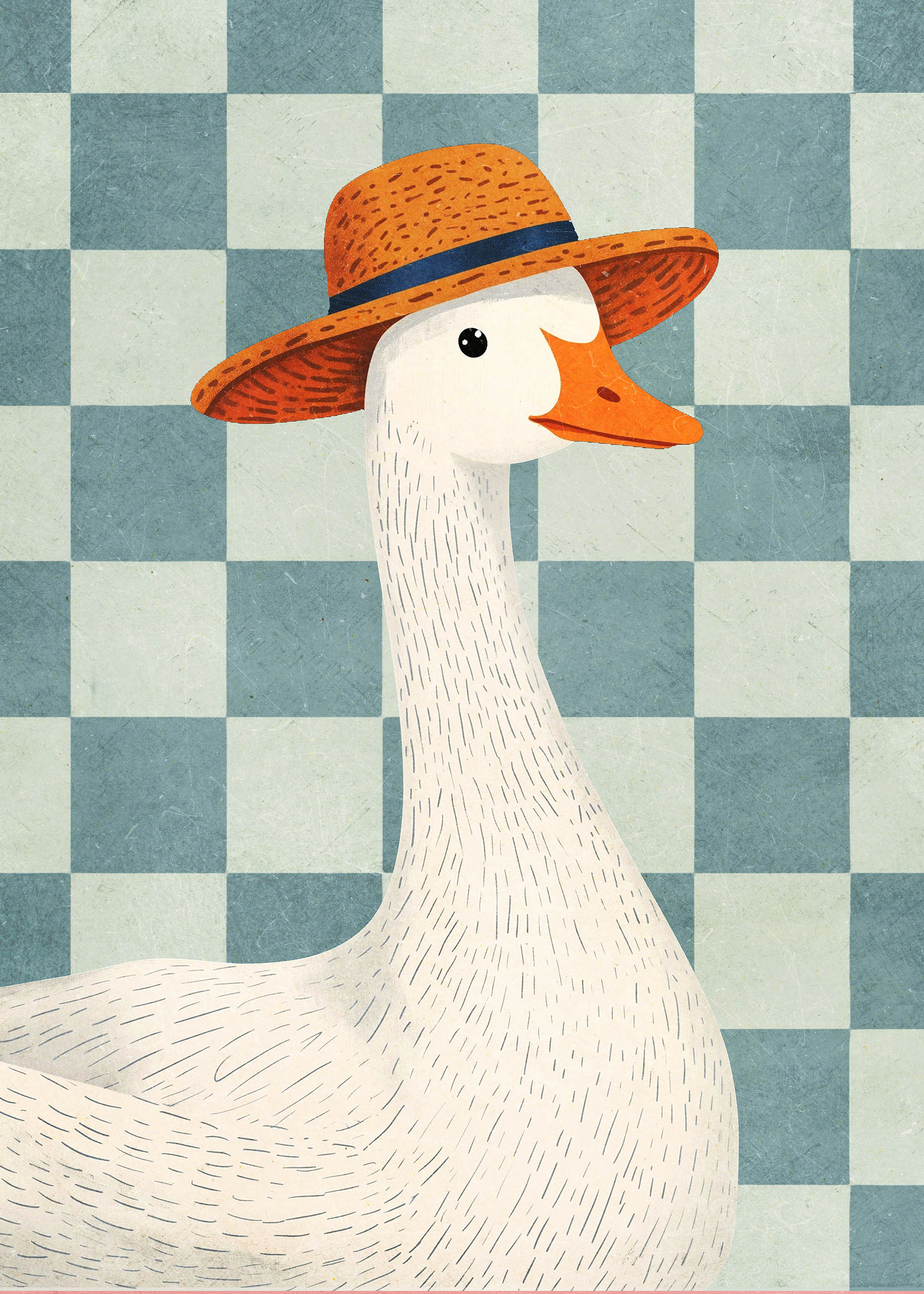 Plakat biała gęś w pomarańczowym kapeluszu szachownica