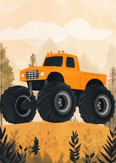 Plakat monster truck pomarańczowy dla dzieci adventure