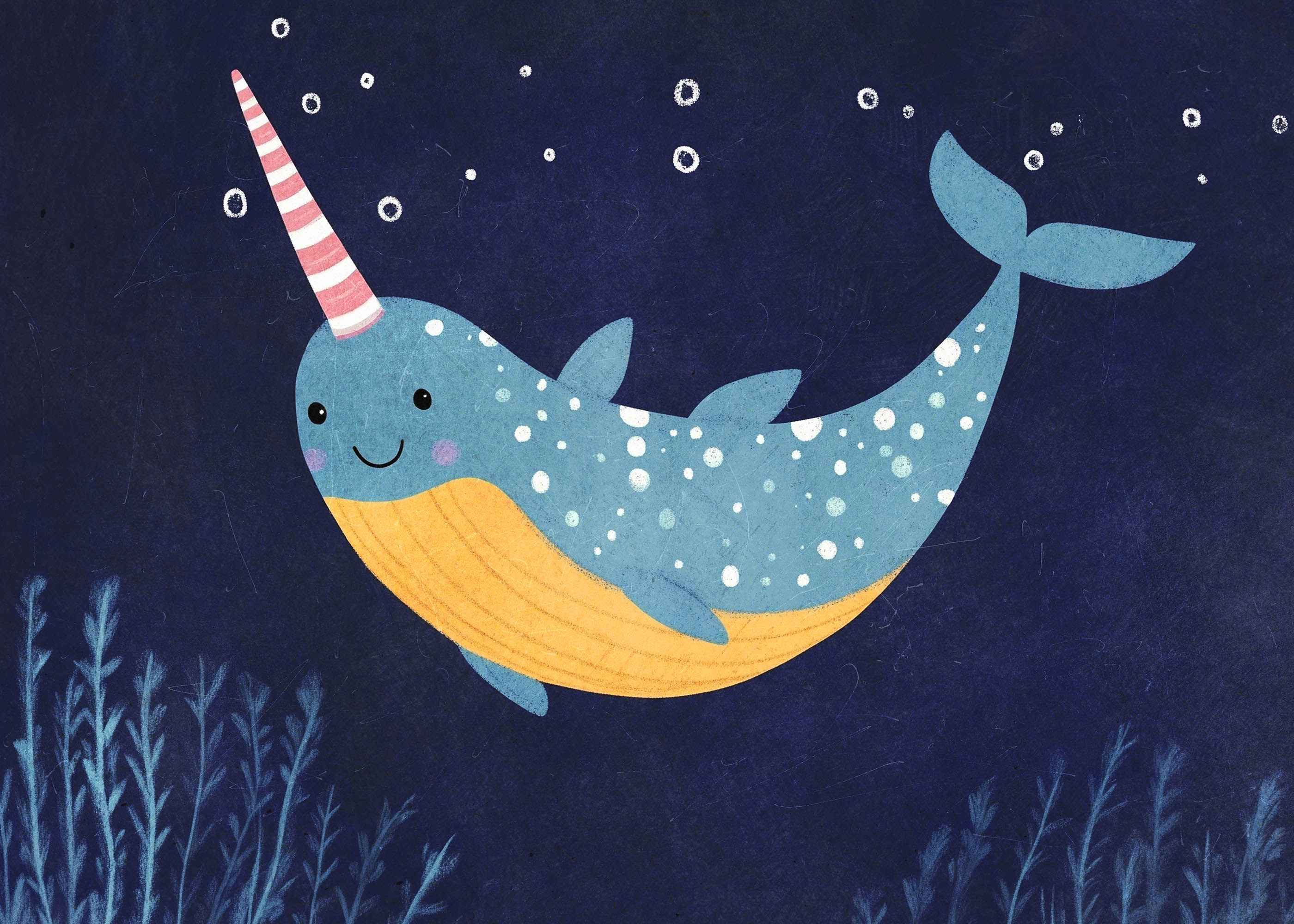 Plakat narwal pastelowy dla dzieci podwodny świat niebieski