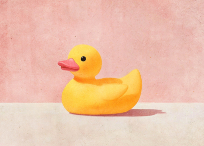 Plakat żółta gumowa kaczka dla dzieci różowe tło