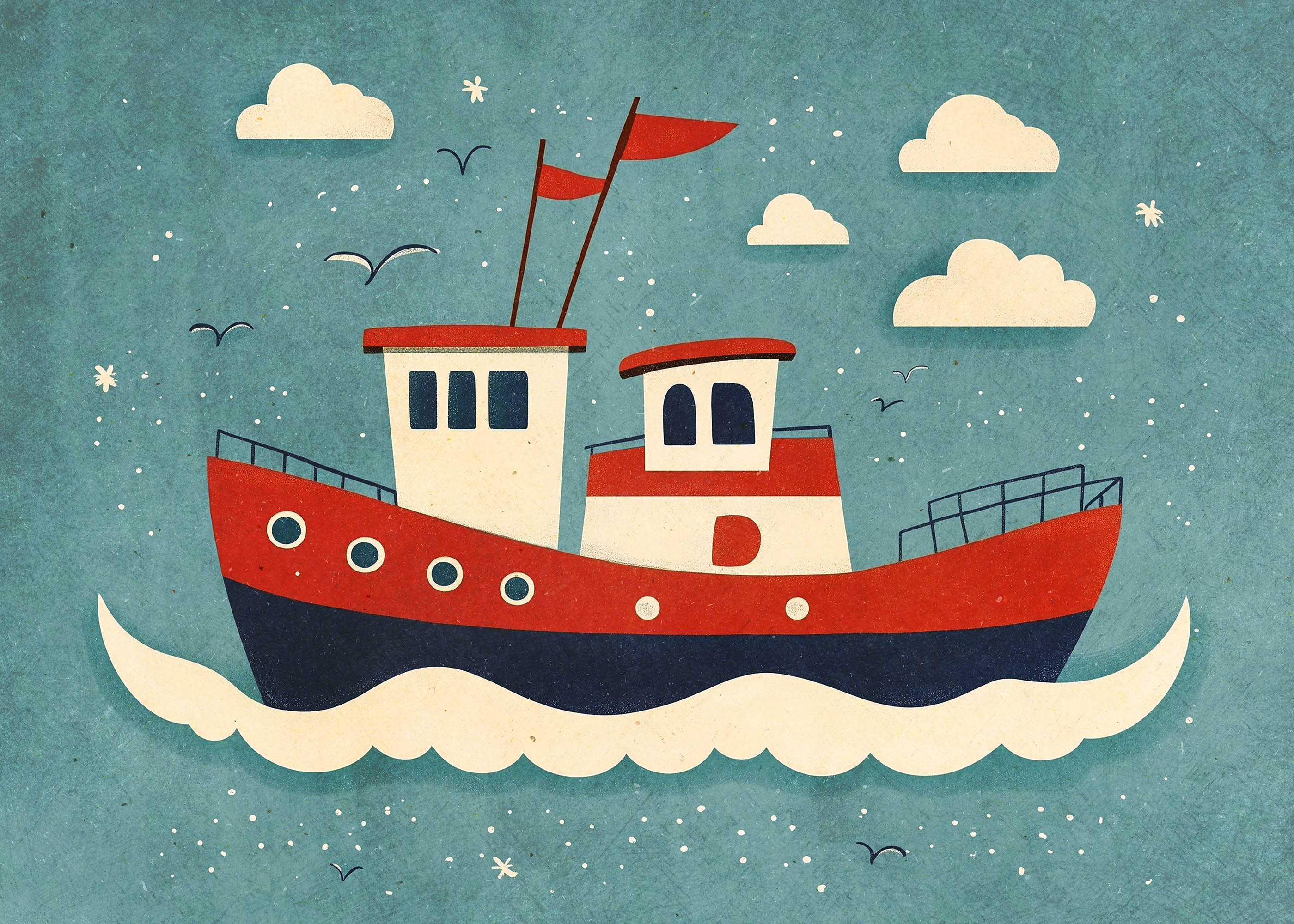 Plakat łódź rybacka morze dla dzieci turkusowy czerwony