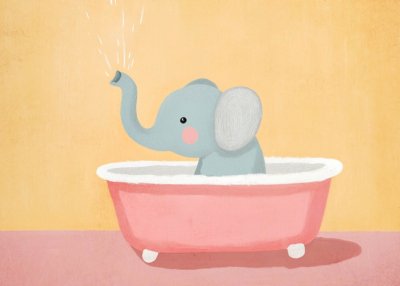 Plakat słonik w różowej wannie dla dzieci skandynawski