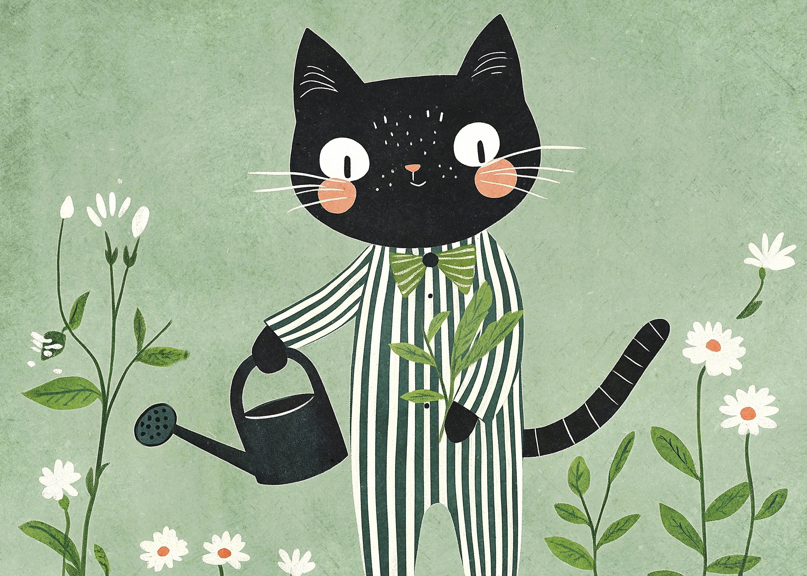 Plakat kot ogrodnik dla dzieci skandynawski zielony