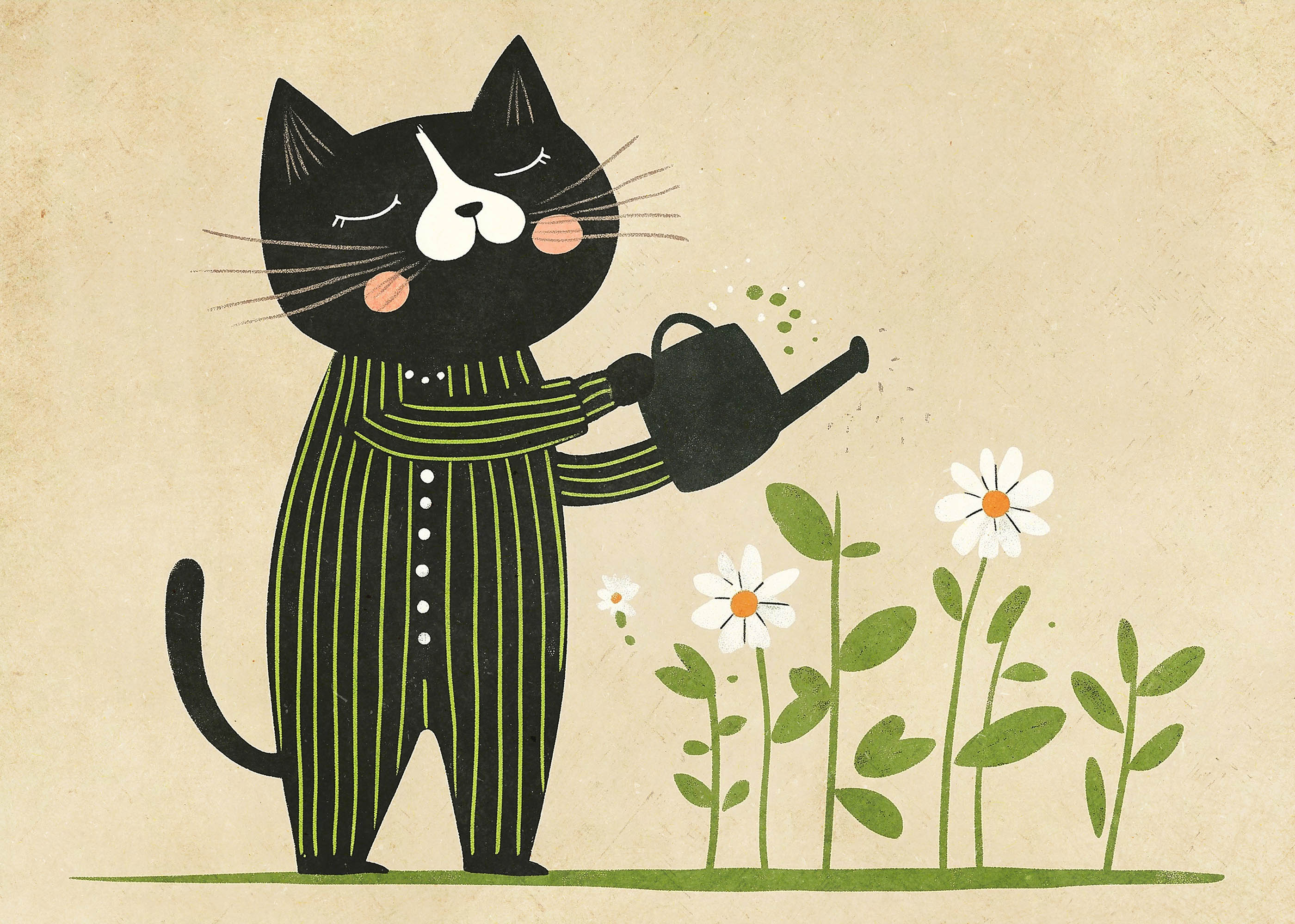 Plakat kotek ogrodnik w pasiastym kombinezonie vintage