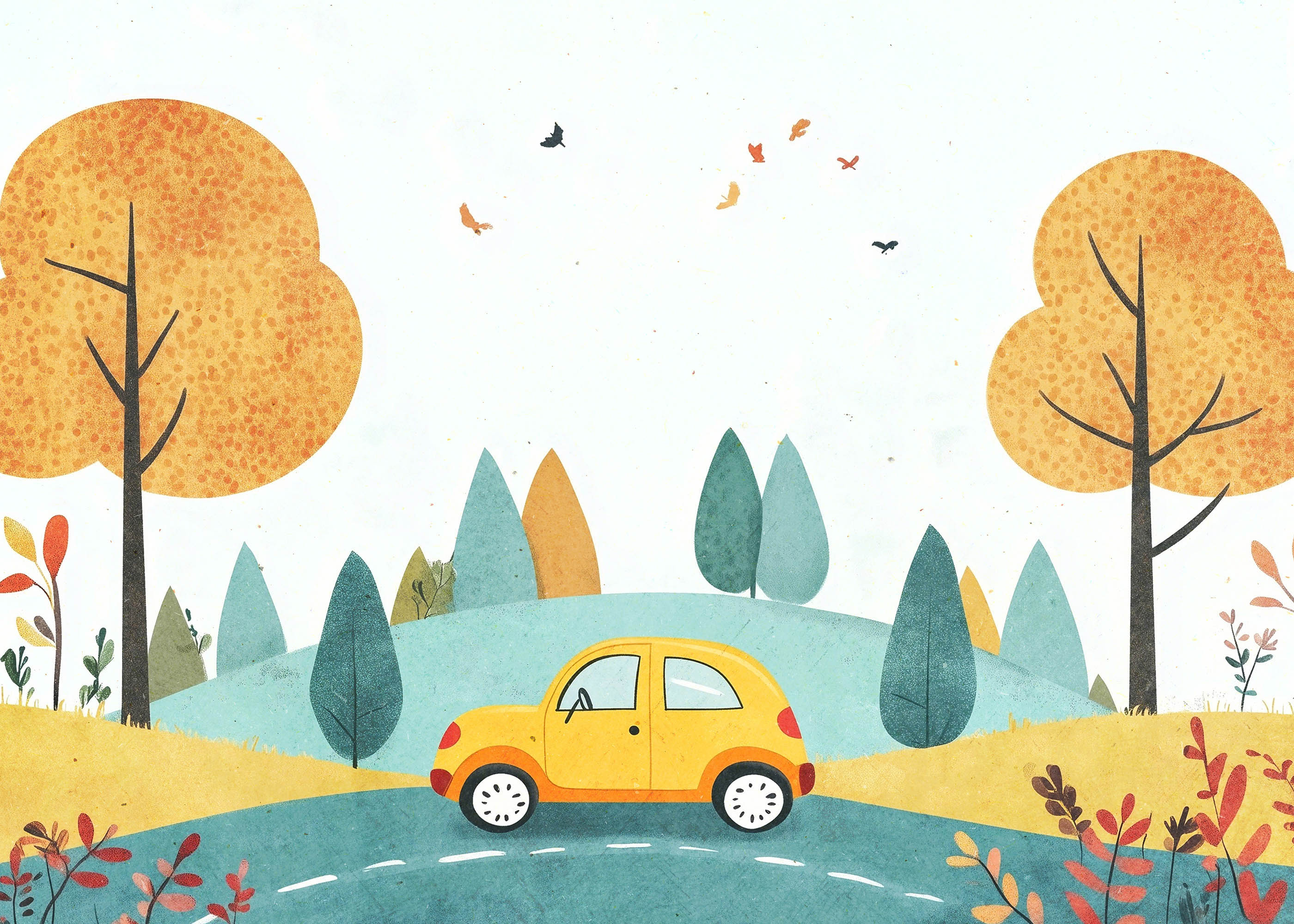 Plakat żółty samochód krajobraz dla dzieci akwarela