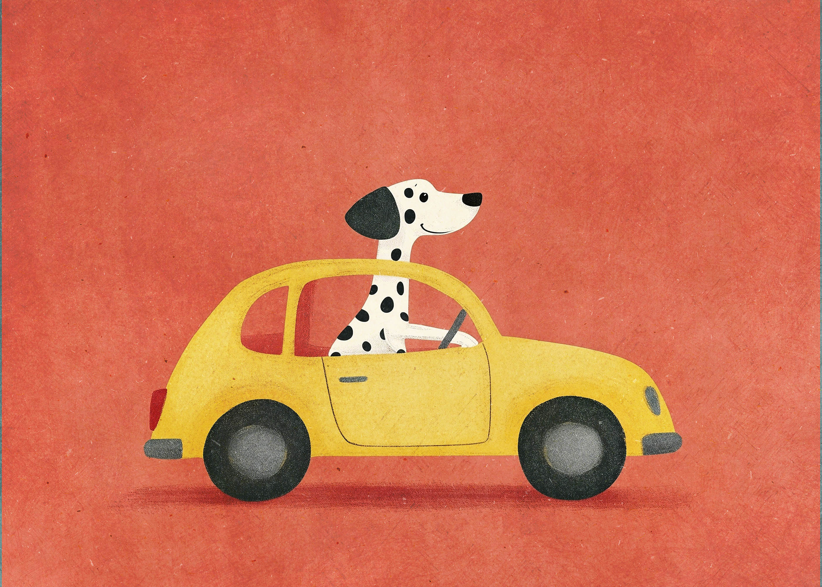 Plakat dalmatyńczyk w żółtym aucie retro dla dzieci