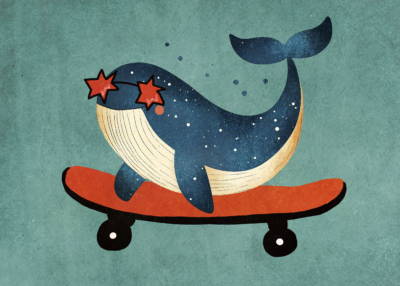 Plakat wieloryb skater surrealistyczny kosmos dla dzieci