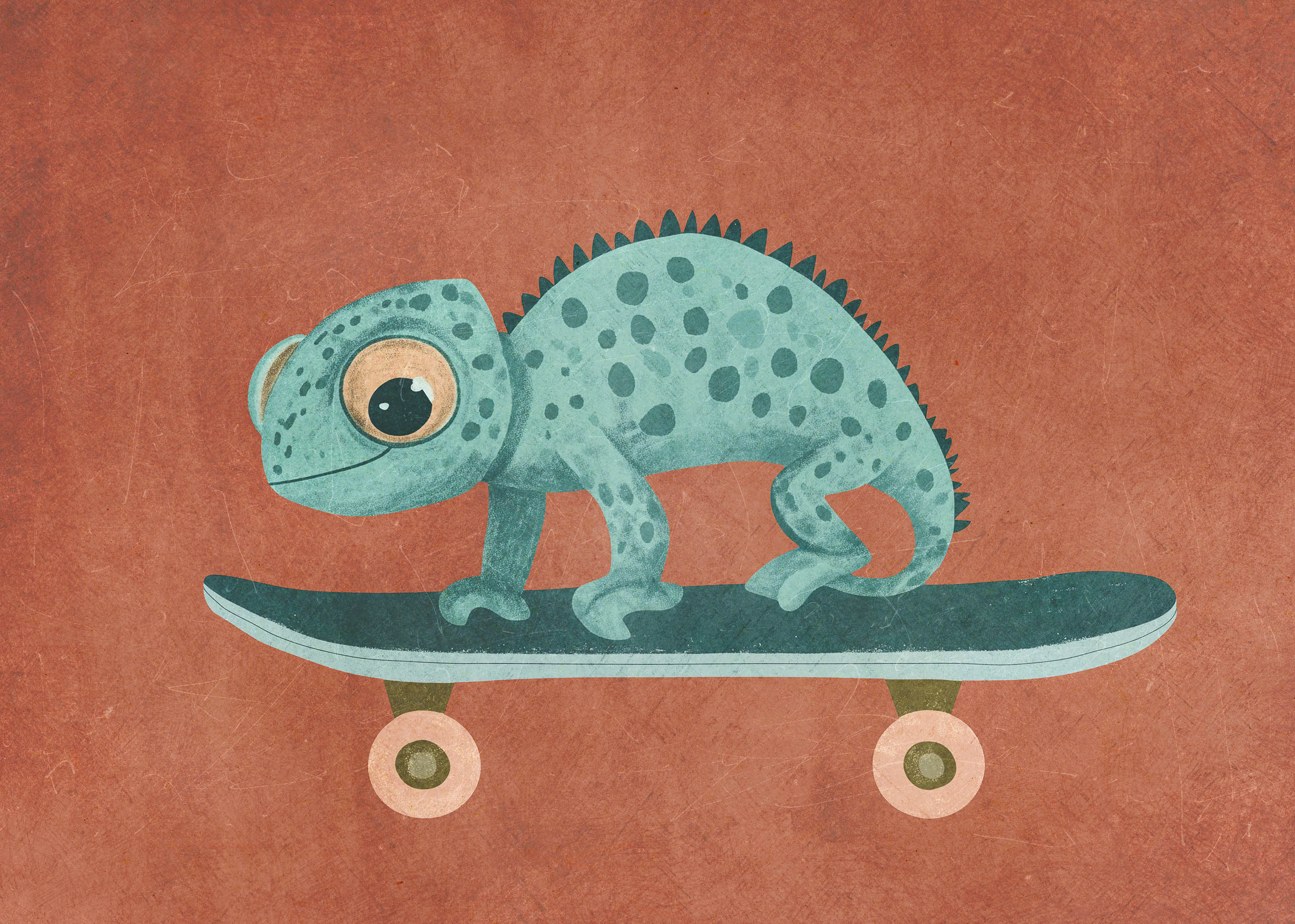 Plakat kameleon na deskorolce dla dzieci miętowy turkus