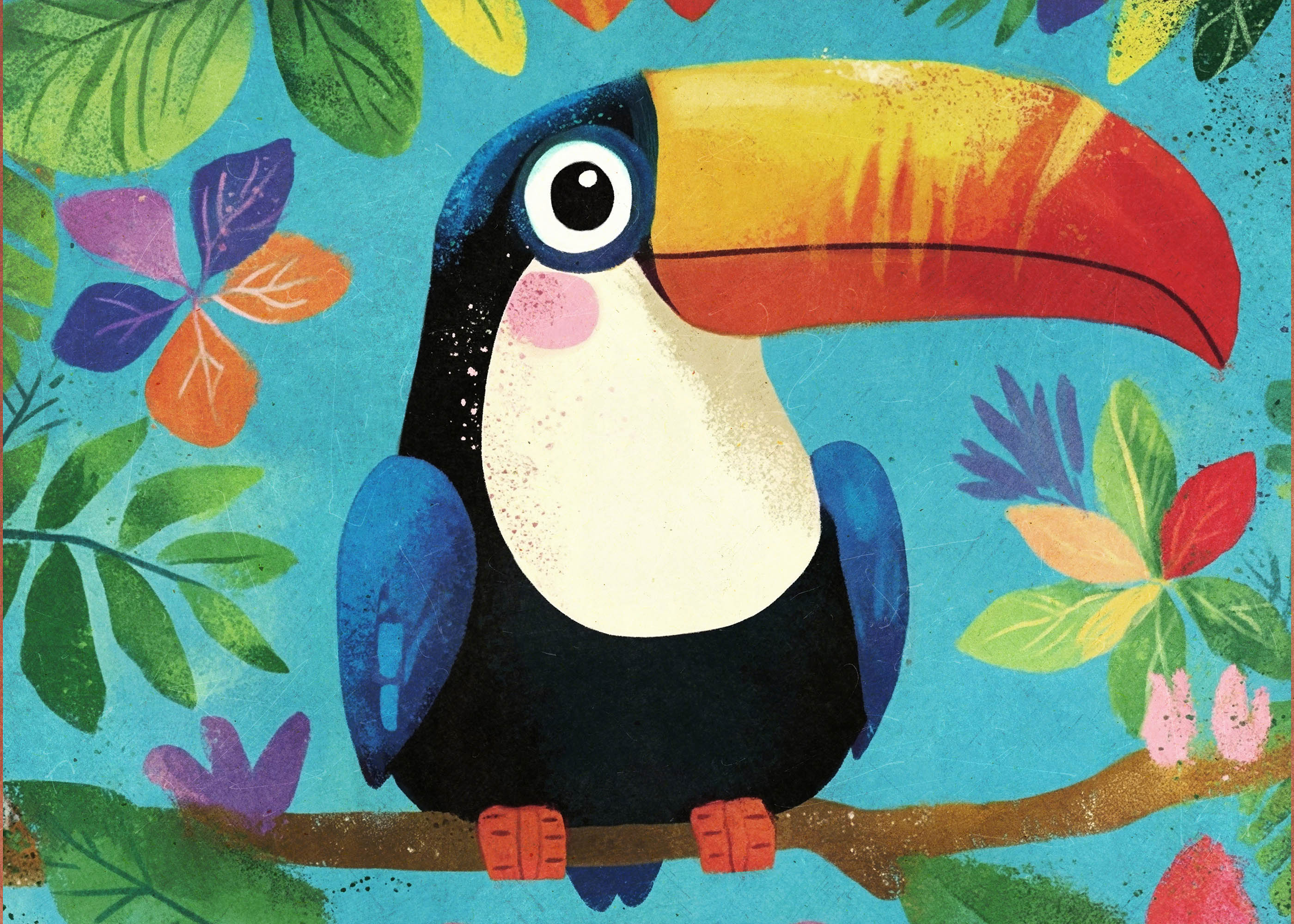 Plakat kolorowy tukan tropikalne liście egzotyczne ptaki