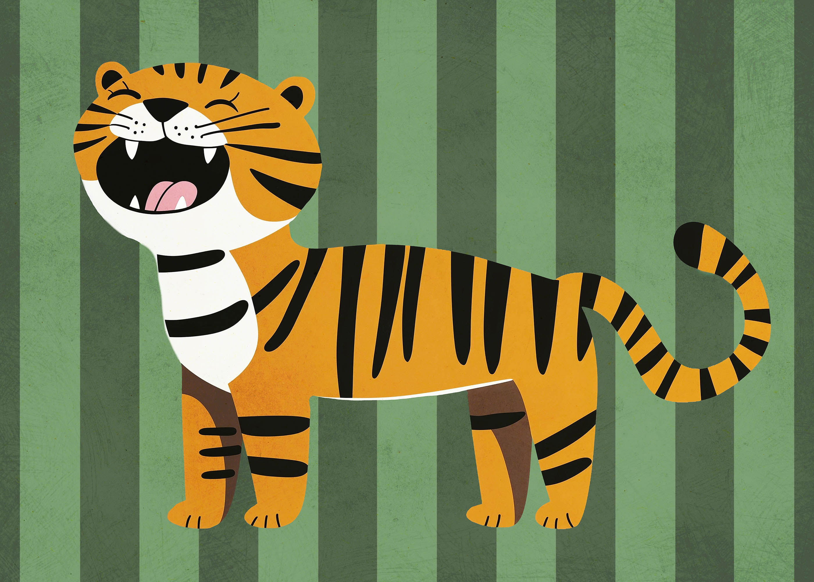 Plakat wesołego tygryska dla dzieci zielone tło safari
