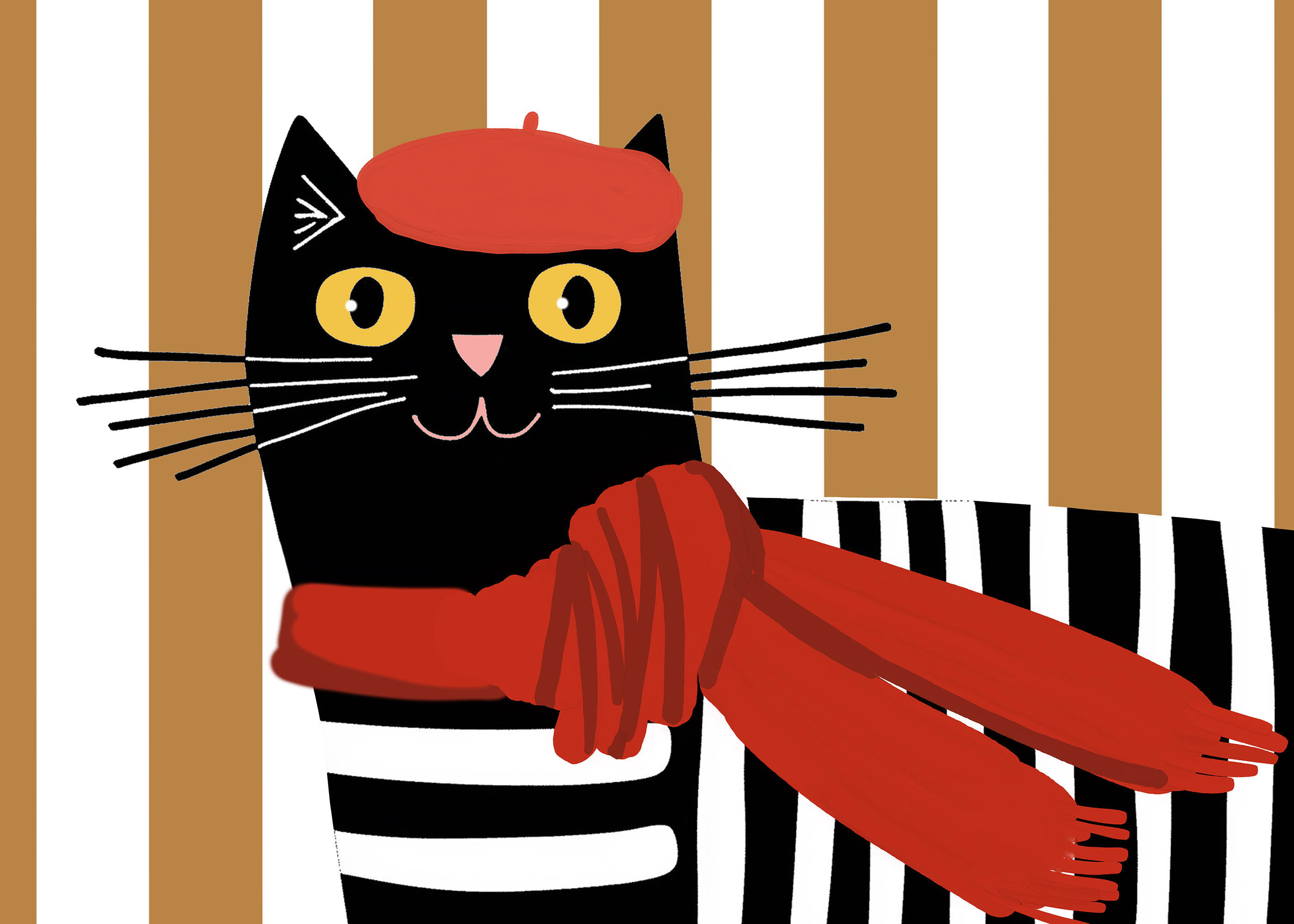 Plakat czarny kot w czerwonym berecie styl francuski vintage