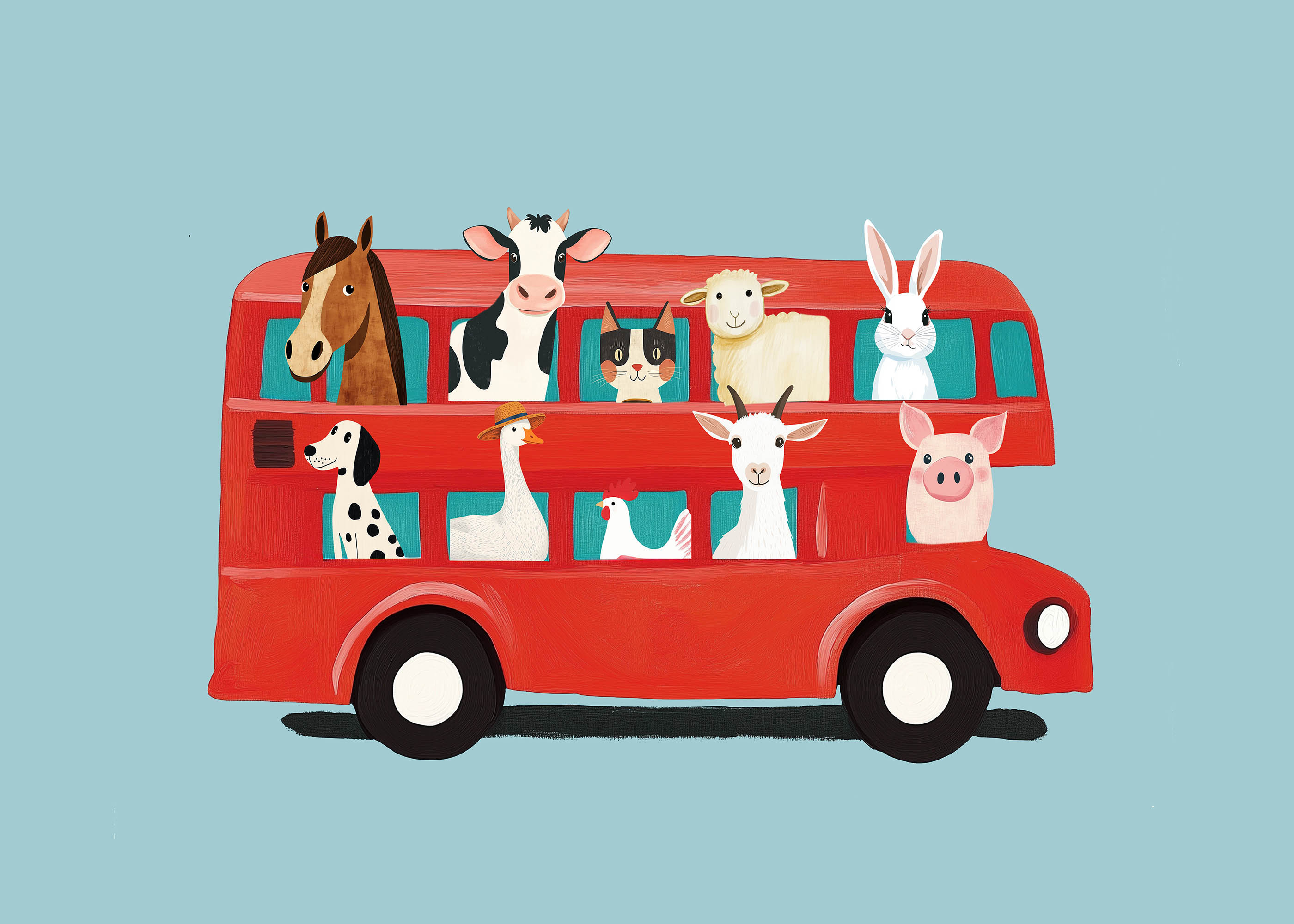 Plakat czerwony autobus londyński ze zwierzętami dla dzieci