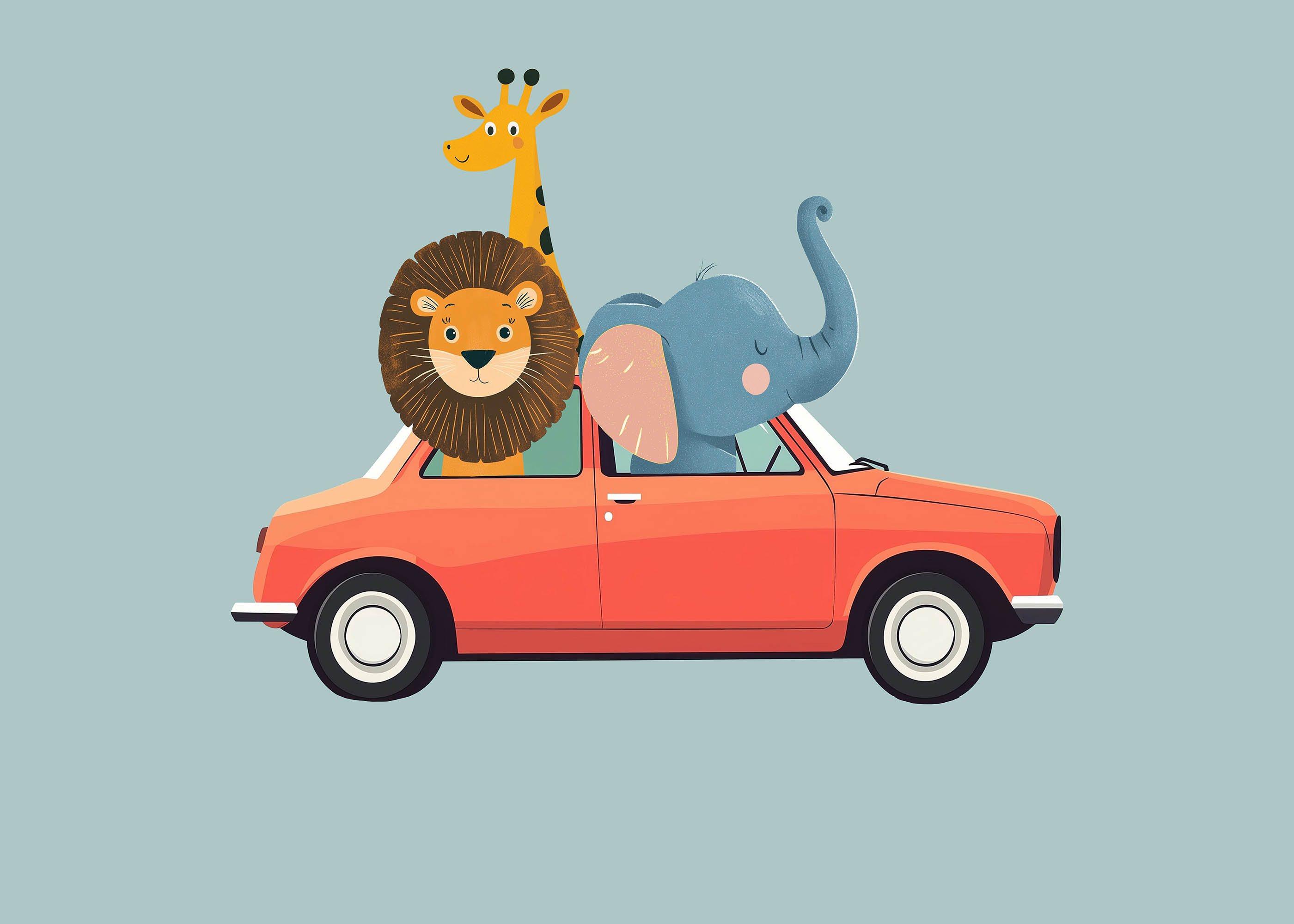 Plakat zwierzęta safari lew słoń żyrafa czerwony samochód