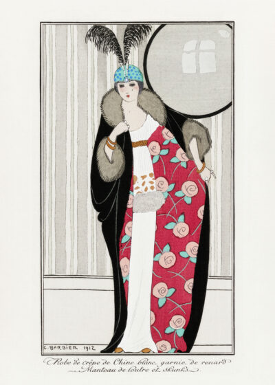 Plakat moda 1912 George Barbier Art Deco czerwona suknia