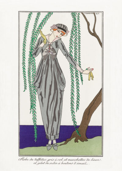 Plakat Art Deco George Barbier szara suknia z tafty