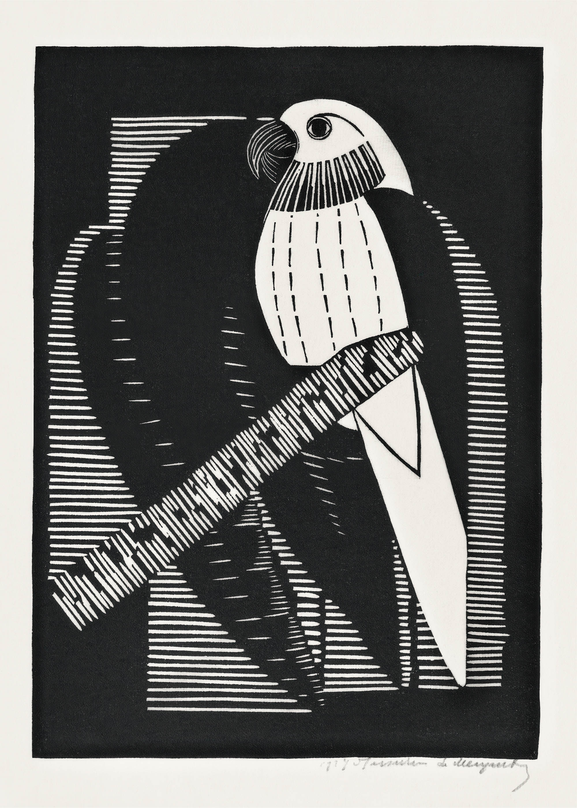 Plakat papuga drzeworyt Samuel Jessurun de Mesquita