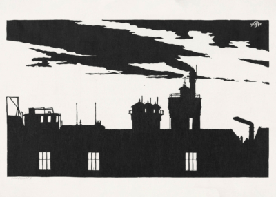 Plakat Elektrownia gazowa w Amsterdamie industrialny krajobraz drzeworyt Mesquita czarno-biały