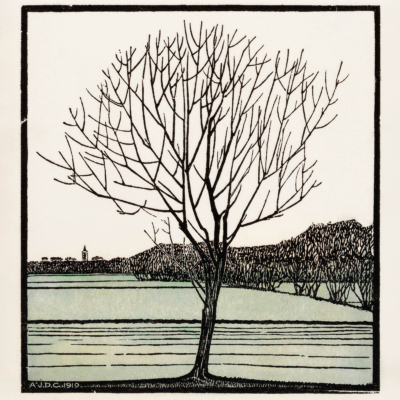 Plakat drzewo nad wodą Julie de Graag drzeworyt 1919