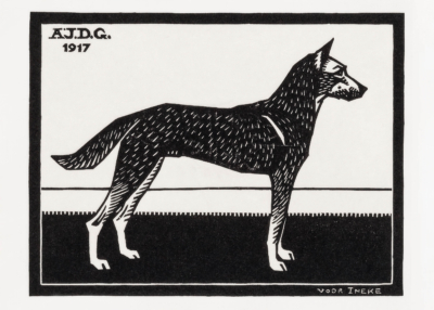 Plakat pies drzeworyt Julie de Graag 1917 czarno-biały