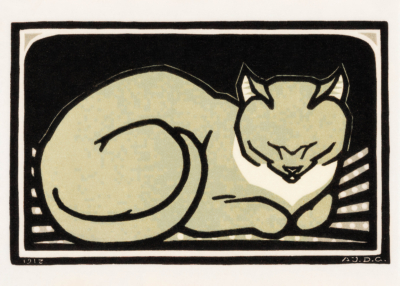 Plakat śpiący kot 1918 Julie de Graag drzevoryt holenderski