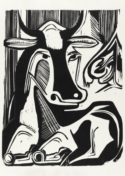 Plakat Kirchner 1929 Wielka krowa odpoczywa czarno-biały niemiecki ekspresjonizm