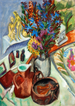 Plakat Martwa natura z dzbanem i afrykańską misą Kirchner bukiet kwiatów ekspresjonizm Die Brücke
