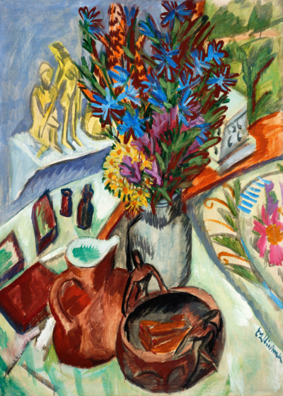 Plakat Martwa natura z dzbanem i afrykańską misą Kirchner bukiet kwiatów ekspresjonizm Die Brücke