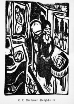 Plakat Kanoniczka przy stole do szycia Kirchner drzeworyt ekspresjonizm czarno-biały