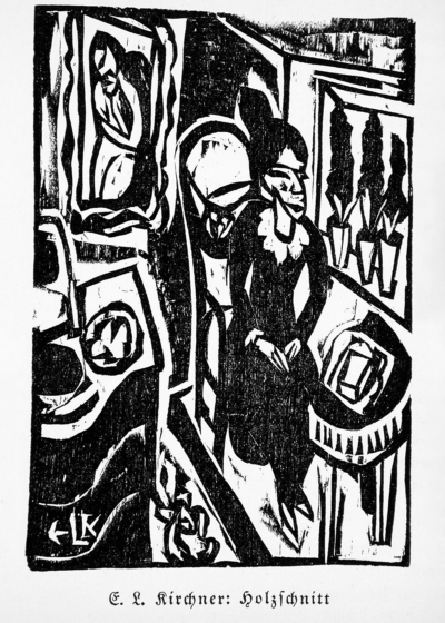 Plakat Kanoniczka przy stole do szycia Kirchner drzeworyt ekspresjonizm czarno-biały