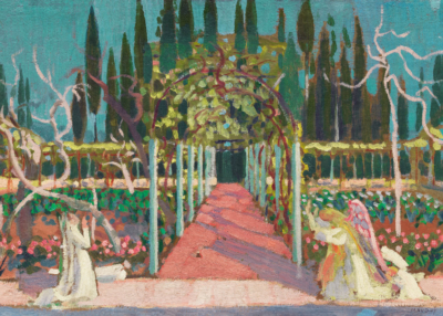 Plakat Zwiastowanie Maurice Denis kobieta w ogrodzie, pergola z winoroślą postimpresjonizm