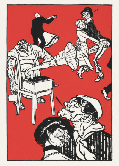 Plakat Moriz Jung impreza przy patefonie secesja groteska