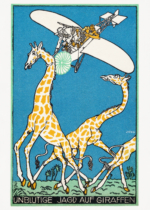 Plakat Moritz Jung polowanie na żyrafy samolotem surrealizm secesja