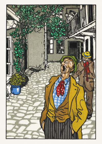 Plakat Moriz Jung śpiewak uliczny wiedeńska secesja satyra społeczna