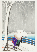 Plakat Śnieg nad mostkiem Ohara Koson japoński drzeworyt