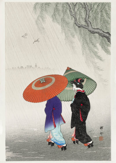 Plakat japoński Koson kobiety z parasolami deszcz ukiyo-e