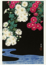 Plakat Chryzantemy nad strumieniem Ohara Koson japoński drzeworyt
