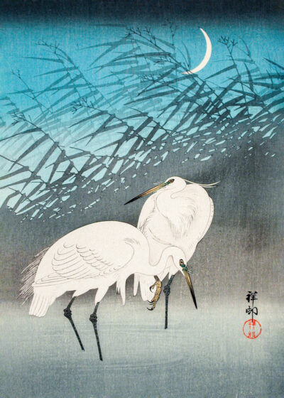 Plakat Dwa żurawie w świetle księżyca Ohara Koson