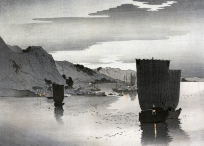 Plakat Żaglowce w zatoce Ohara Koson japoński drzeworyt