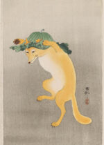 Plakat Lis w kapeluszu / z parasolką Ohara Koson japoński drzeworyt