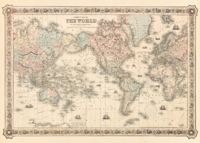 Plakat mapa świata 1854 Colton vintage kartografia