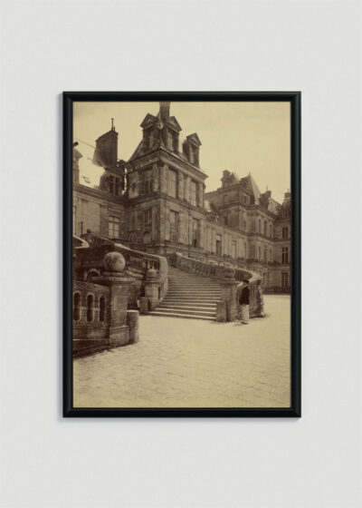 Plakat w drewnianej czarnej ramce: Rezydencja królewska w Fontainebleau pod Paryżem Atget